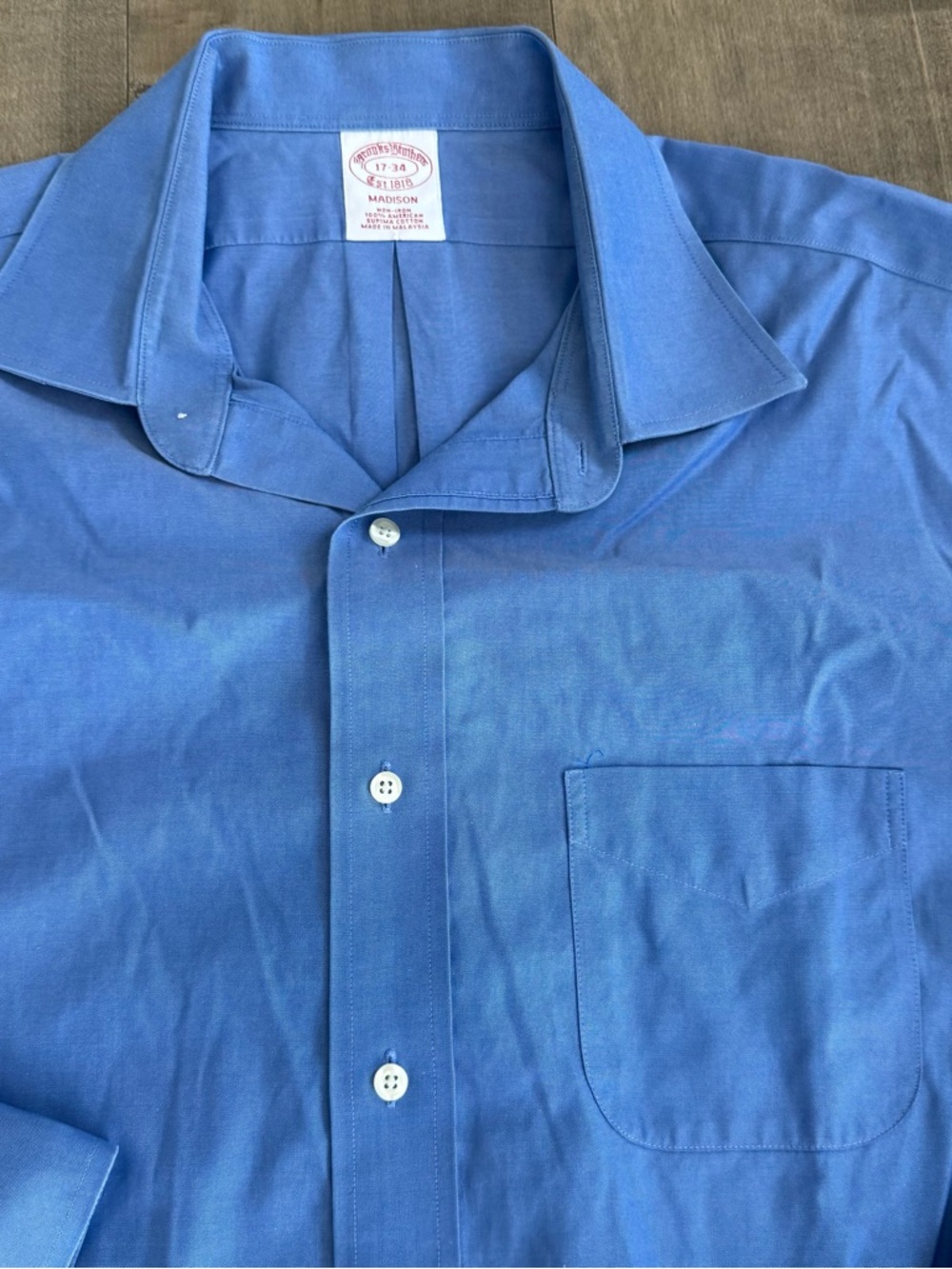 Brooks‎ Brothers Madison Non-Iron Button Up Shirt Blue Pocket 17 x 34 Supima